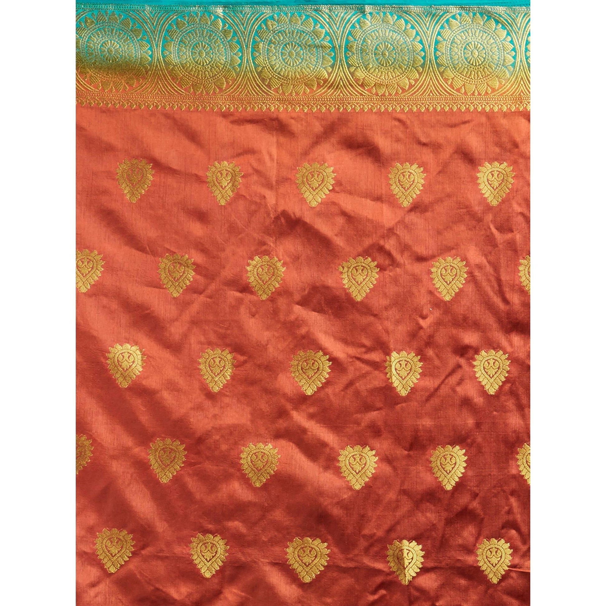 glowing-orange-rama-blue-colored-festive-wear-woven-cotton-silk-saree