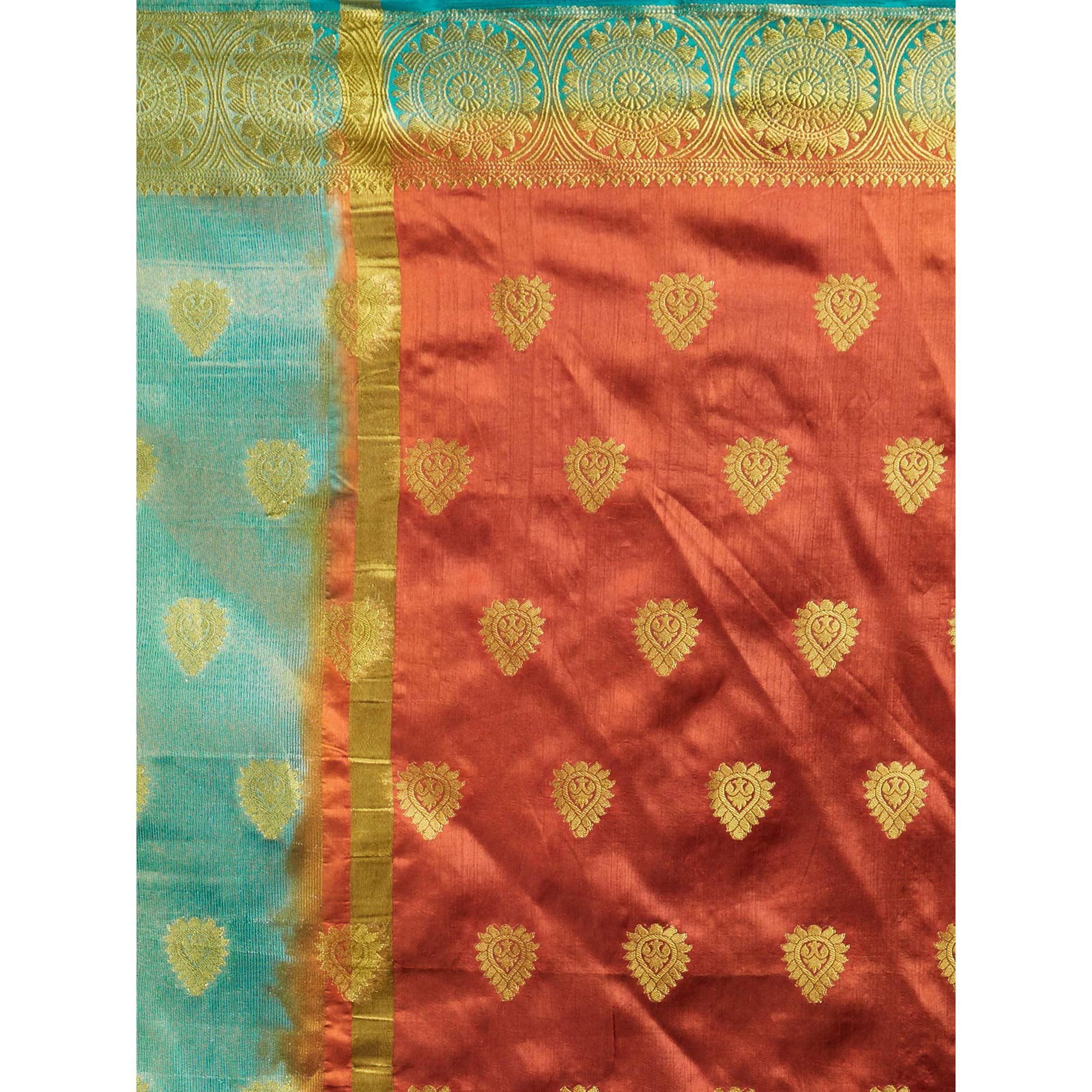 glowing-orange-rama-blue-colored-festive-wear-woven-cotton-silk-saree