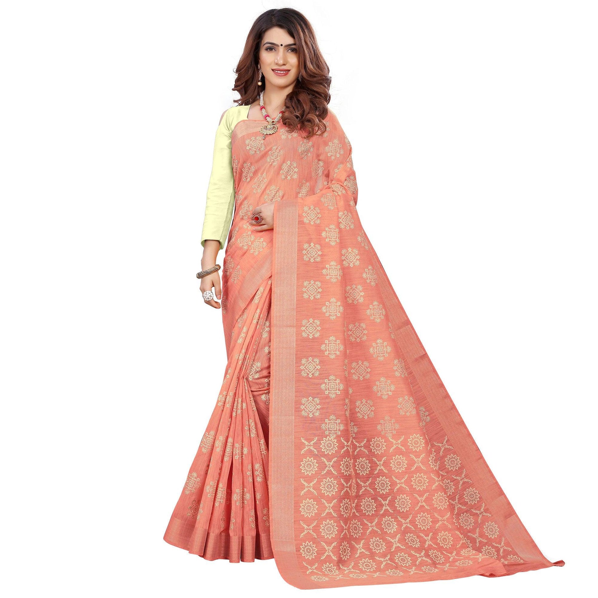 glowing-peach-colored-casual-wear-printed-cotton-saree-46875