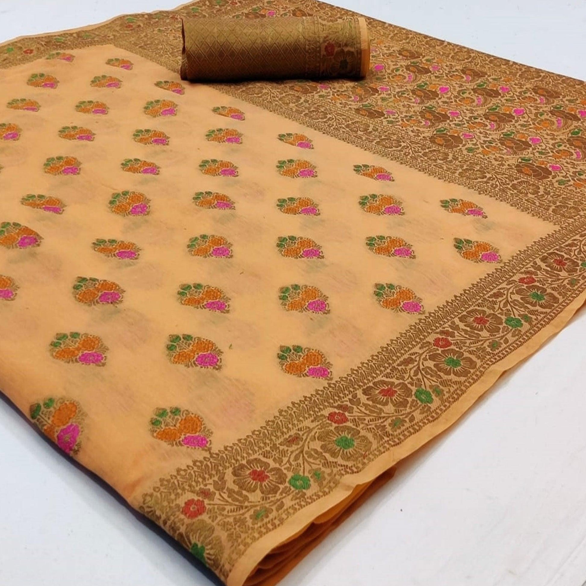 glowing-peach-colored-festive-wear-woven-cotton-saree-97413