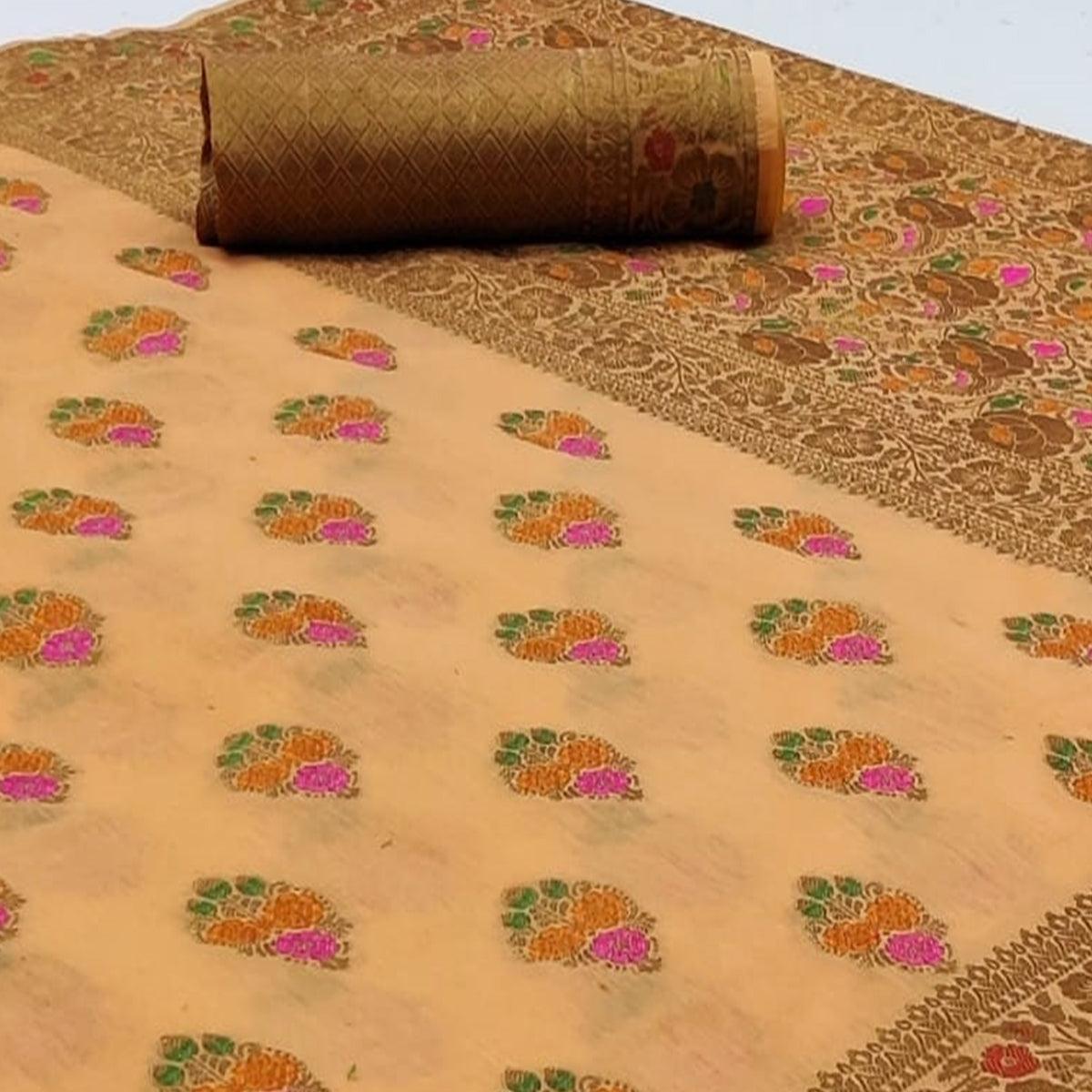 glowing-peach-colored-festive-wear-woven-cotton-saree-97413