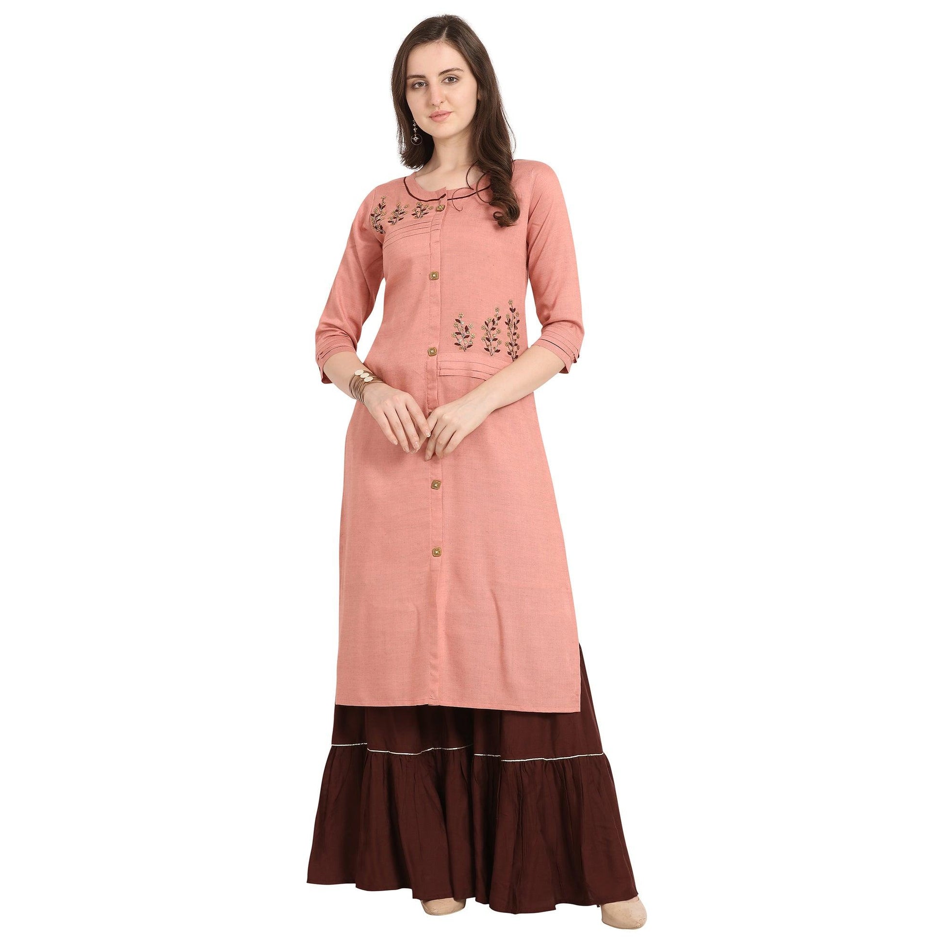 glowing-pink-colored-party-wear-khatli-work-rayon-kurti-sharara-set-69871
