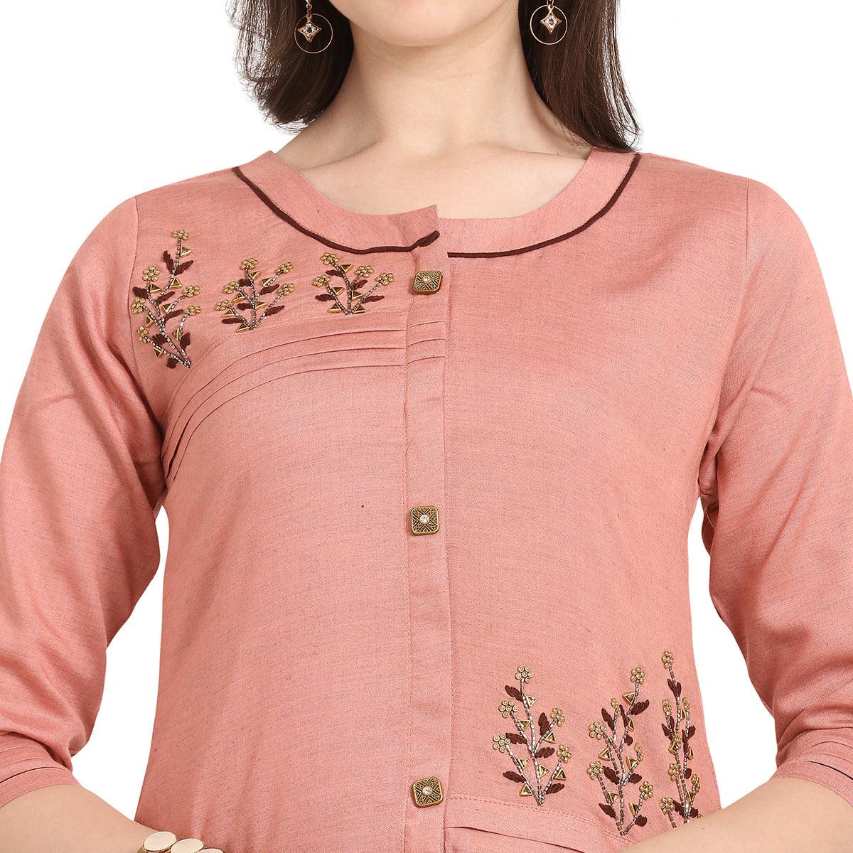 glowing-pink-colored-party-wear-khatli-work-rayon-kurti-sharara-set-69871
