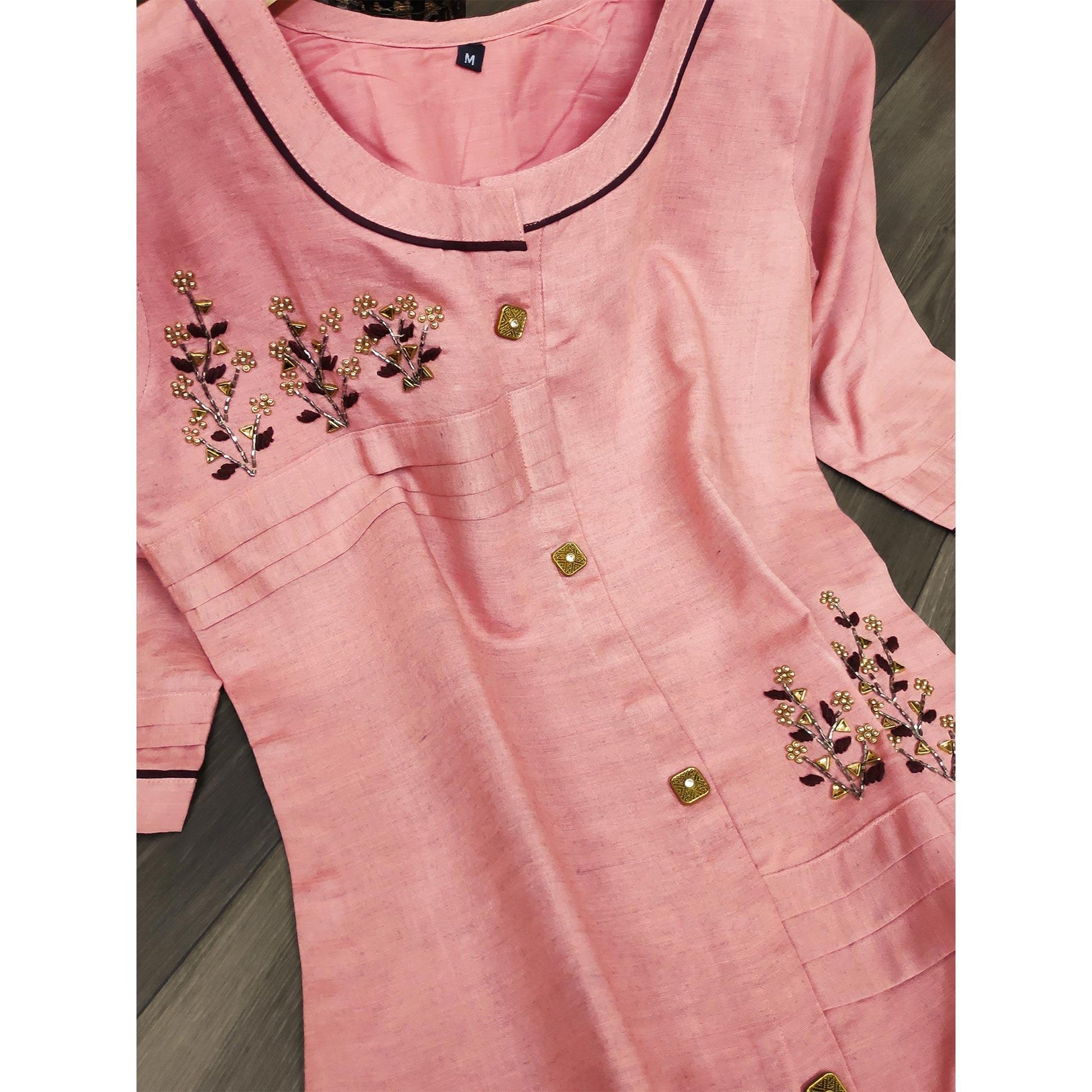 glowing-pink-colored-party-wear-khatli-work-rayon-kurti-sharara-set-69871