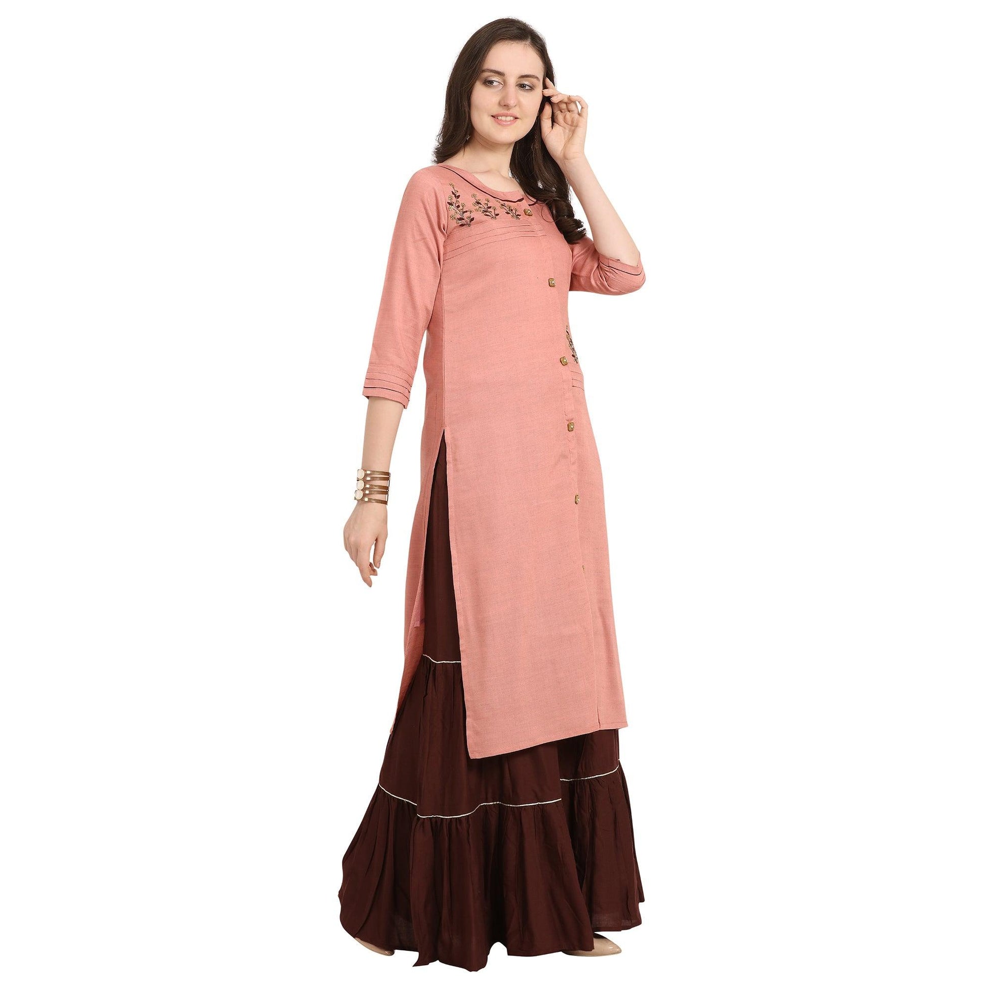 glowing-pink-colored-party-wear-khatli-work-rayon-kurti-sharara-set-69871