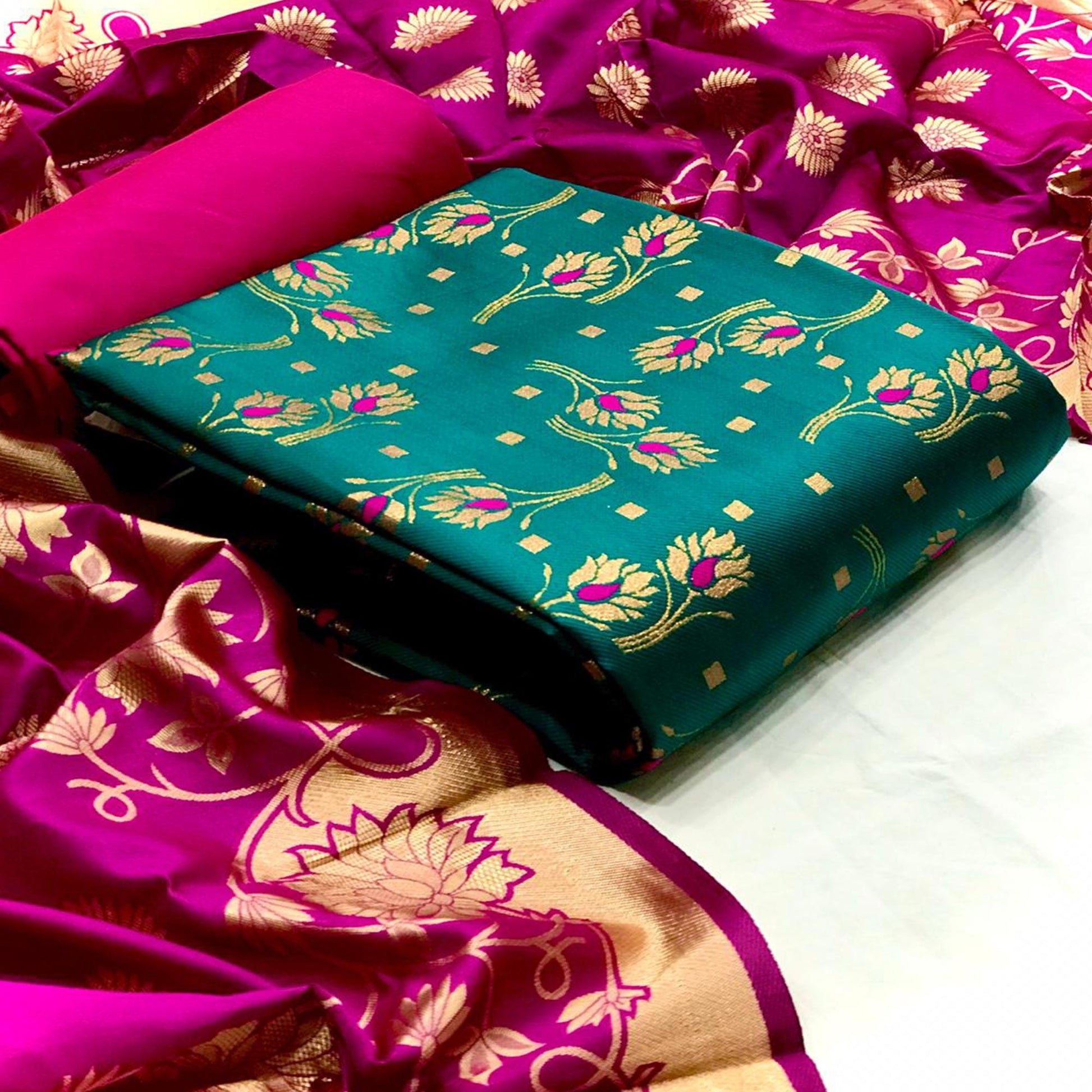 glowing-rama-green-colored-party-wear-woven-banarasi-silk-dress-material