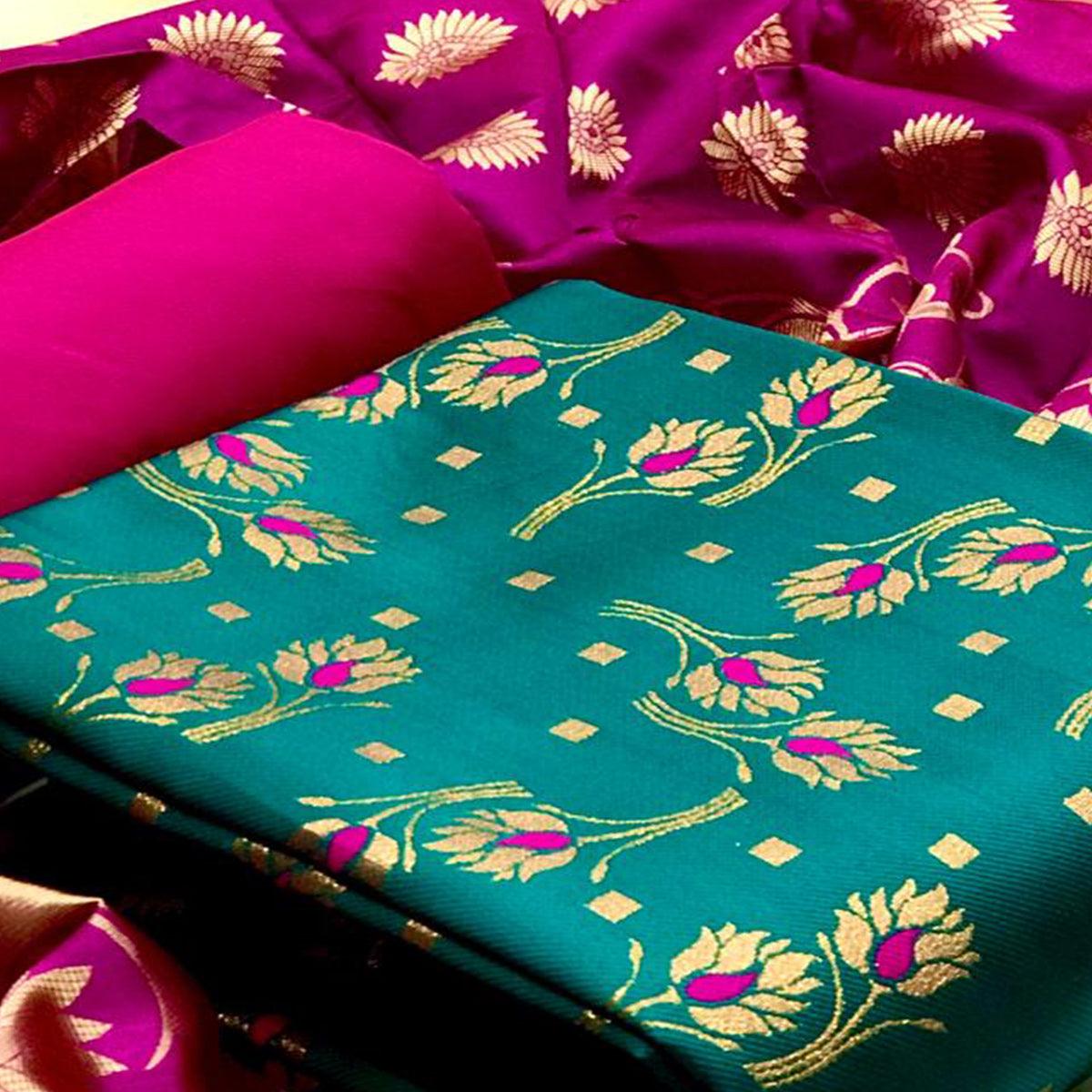 glowing-rama-green-colored-party-wear-woven-banarasi-silk-dress-material