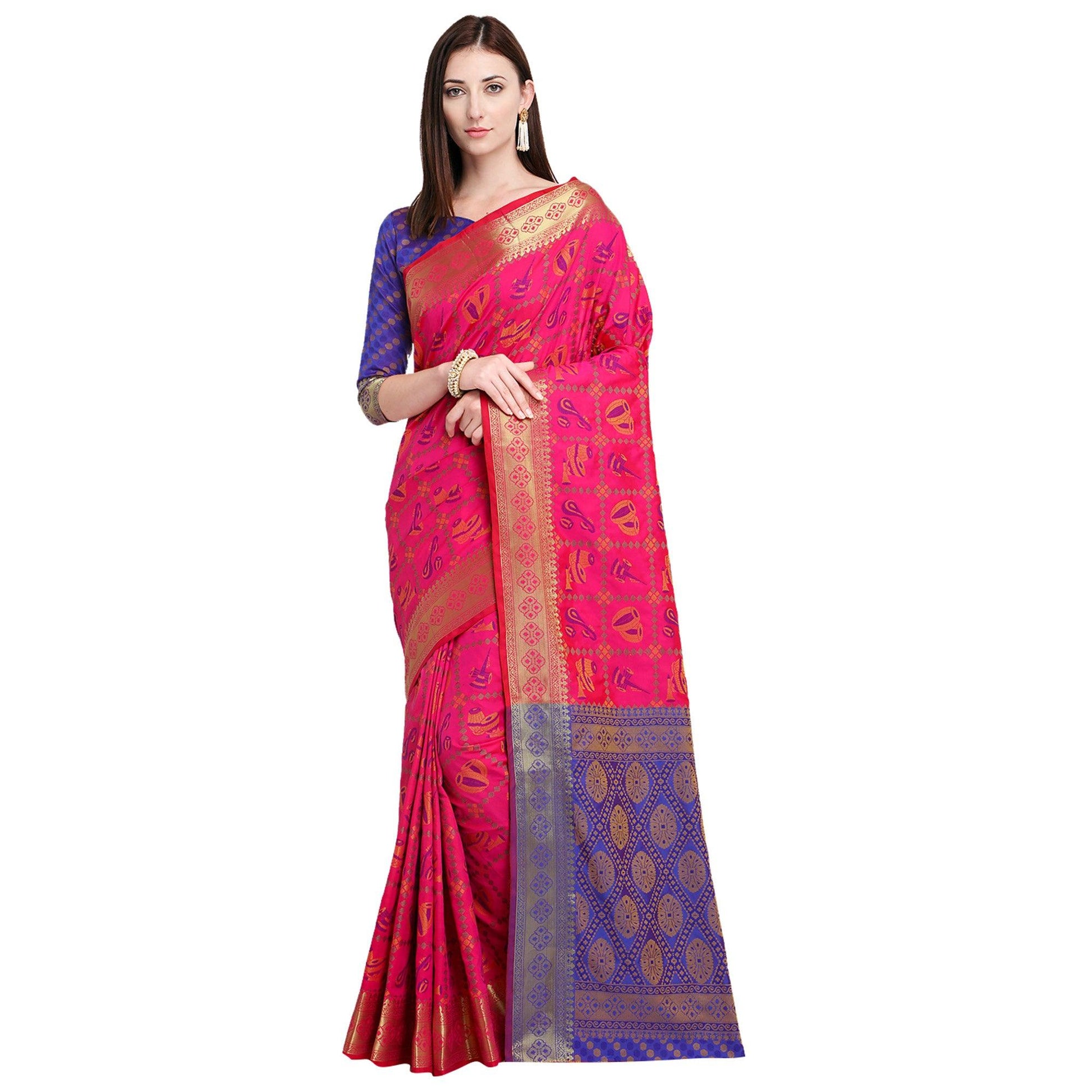 glowing-rani-pink-colored-festive-wear-woven-silk-saree