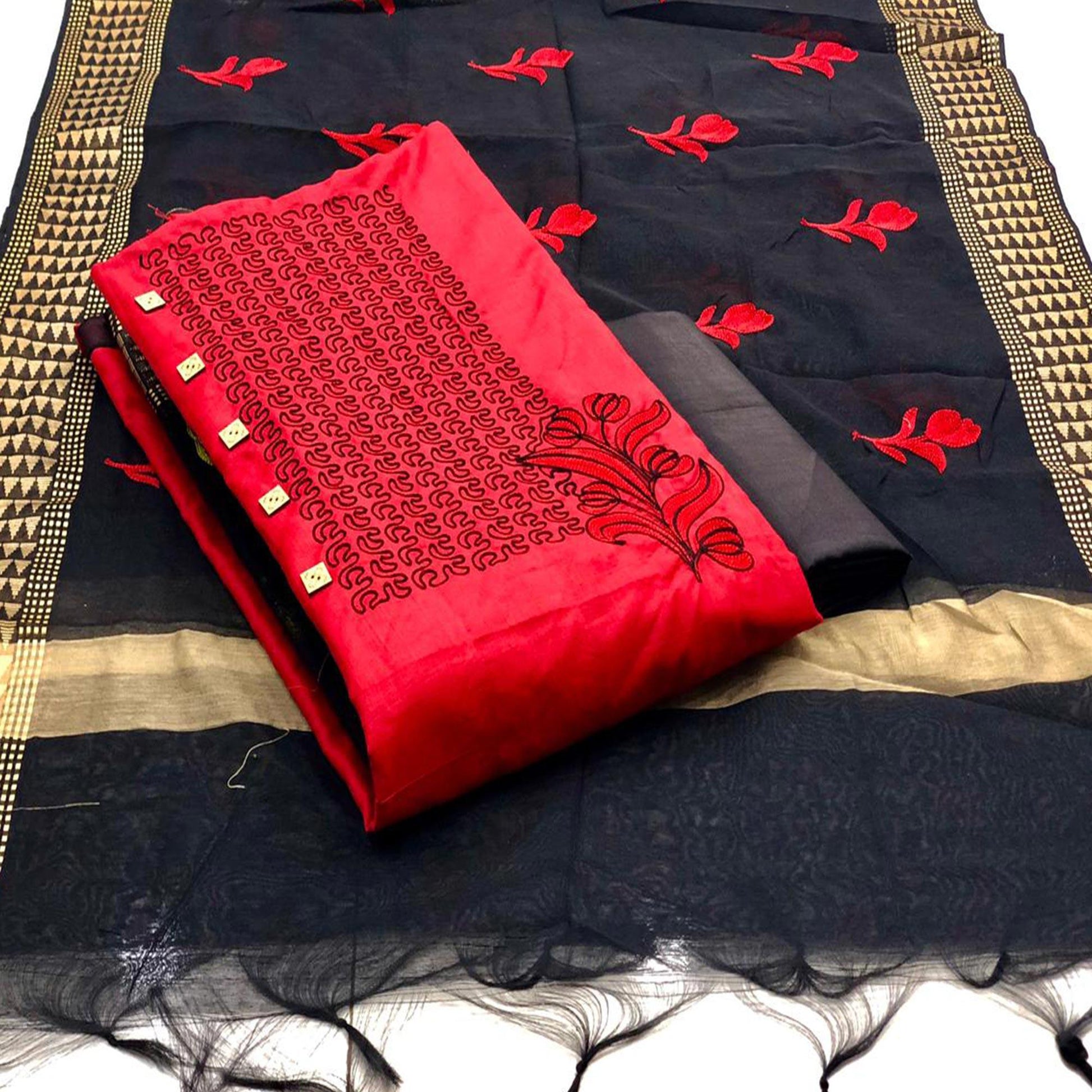 glowing-red-colored-partywear-embroidered-cotton-dress-material-86950