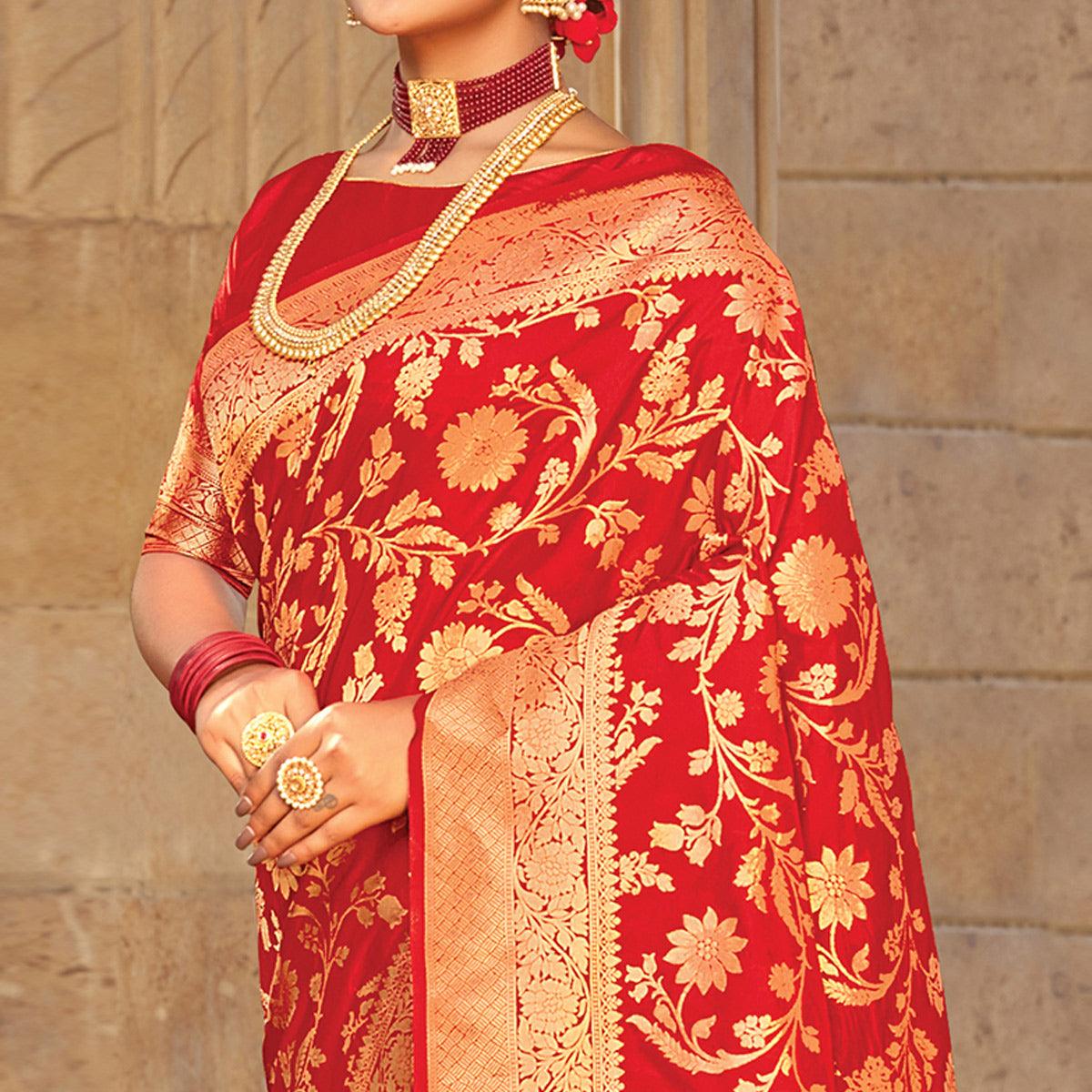 glowing-red-colored-festive-wear-woven-pure-silk-saree-103773