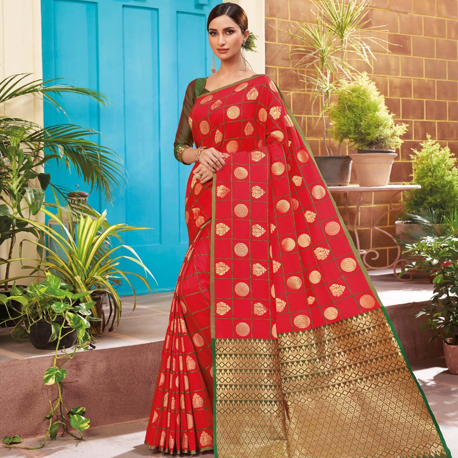 glowing-red-colored-festive-wear-woven-silk-saree-76142