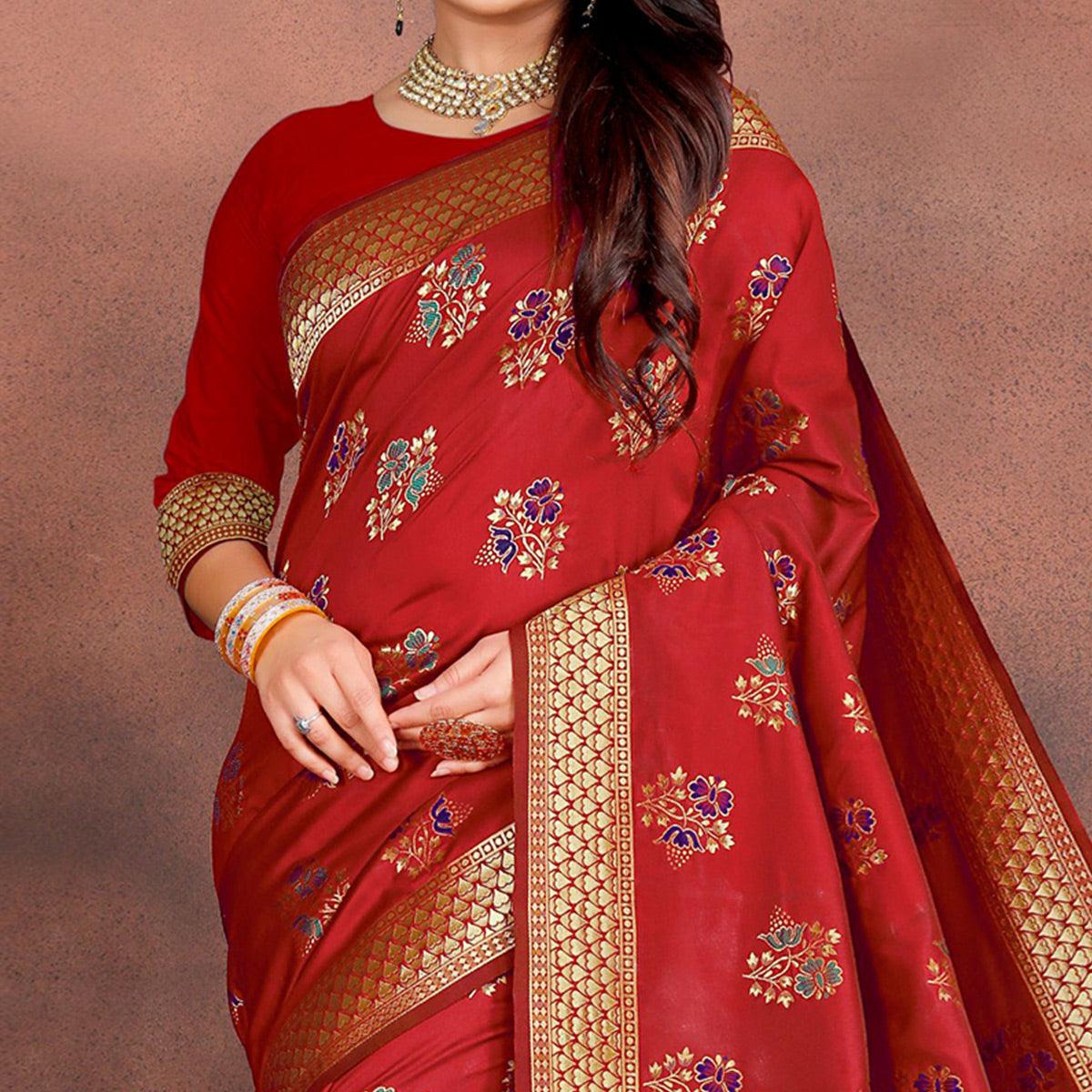 glowing-red-colored-festive-wear-woven-silk-saree-45395