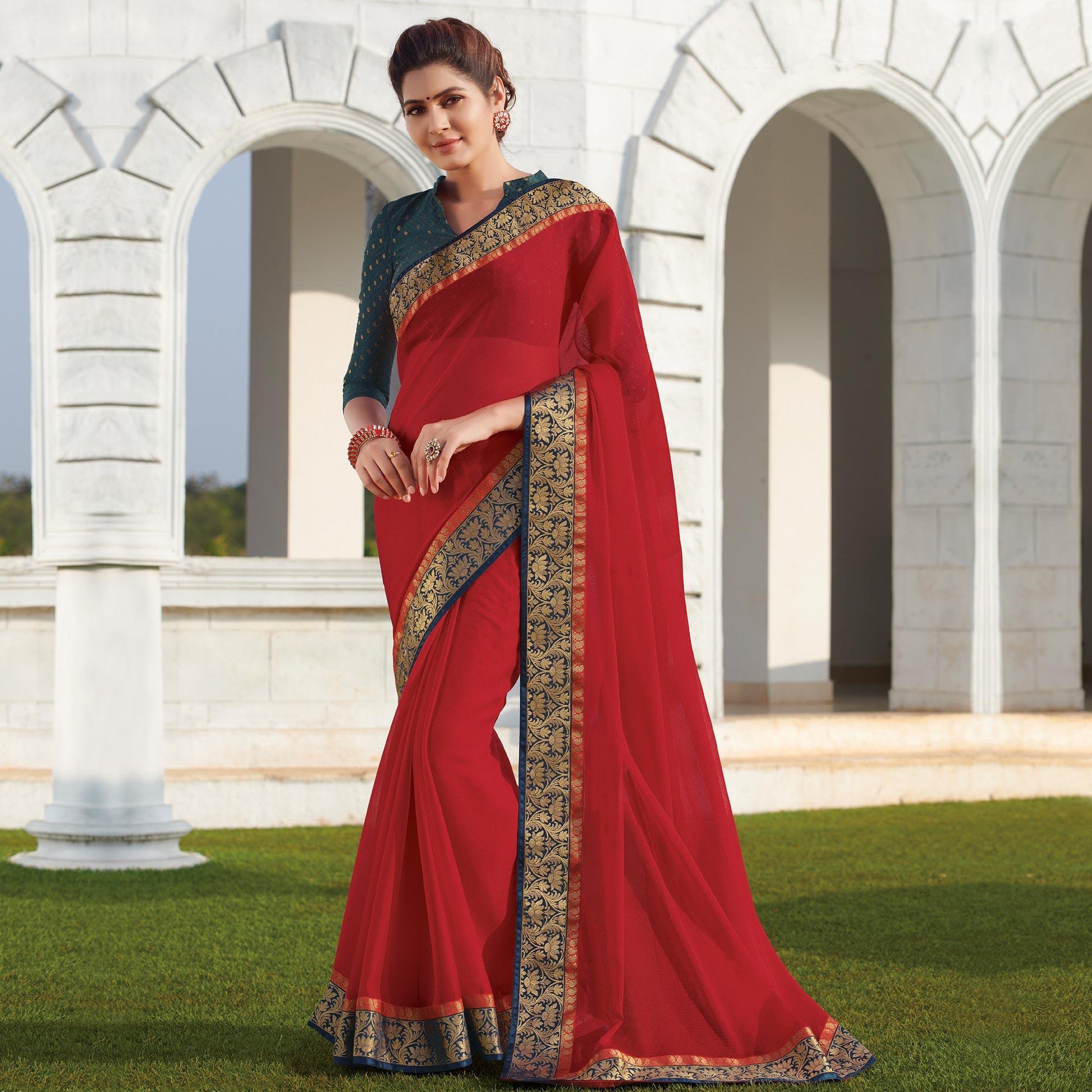 glowing-red-colored-party-wear-embroidered-chiffon-saree-65148