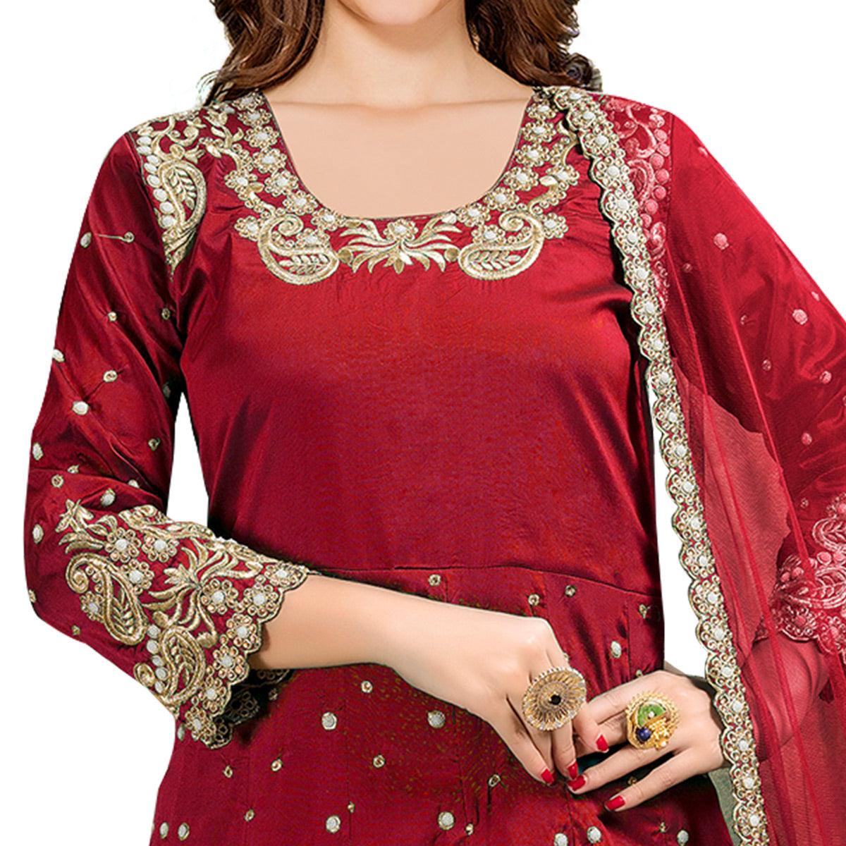 glowing-red-colored-partywear-embroidered-tapeta-silk-anarkali-suit