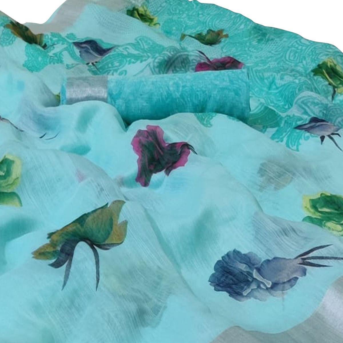 glowing-sky-blue-colored-casual-wear-printed-linen-saree-64418