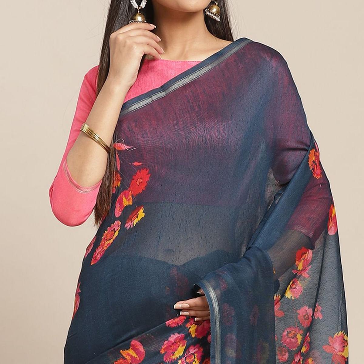 glowing-teal-green-colored-casual-wear-printed-cotton-blend-saree-79024