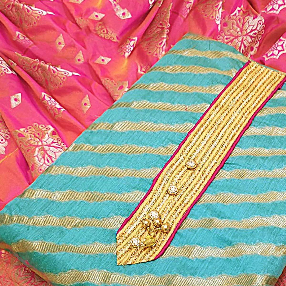 glowing-aqua-blue-colored-partywear-jacquard-silk-dress-material