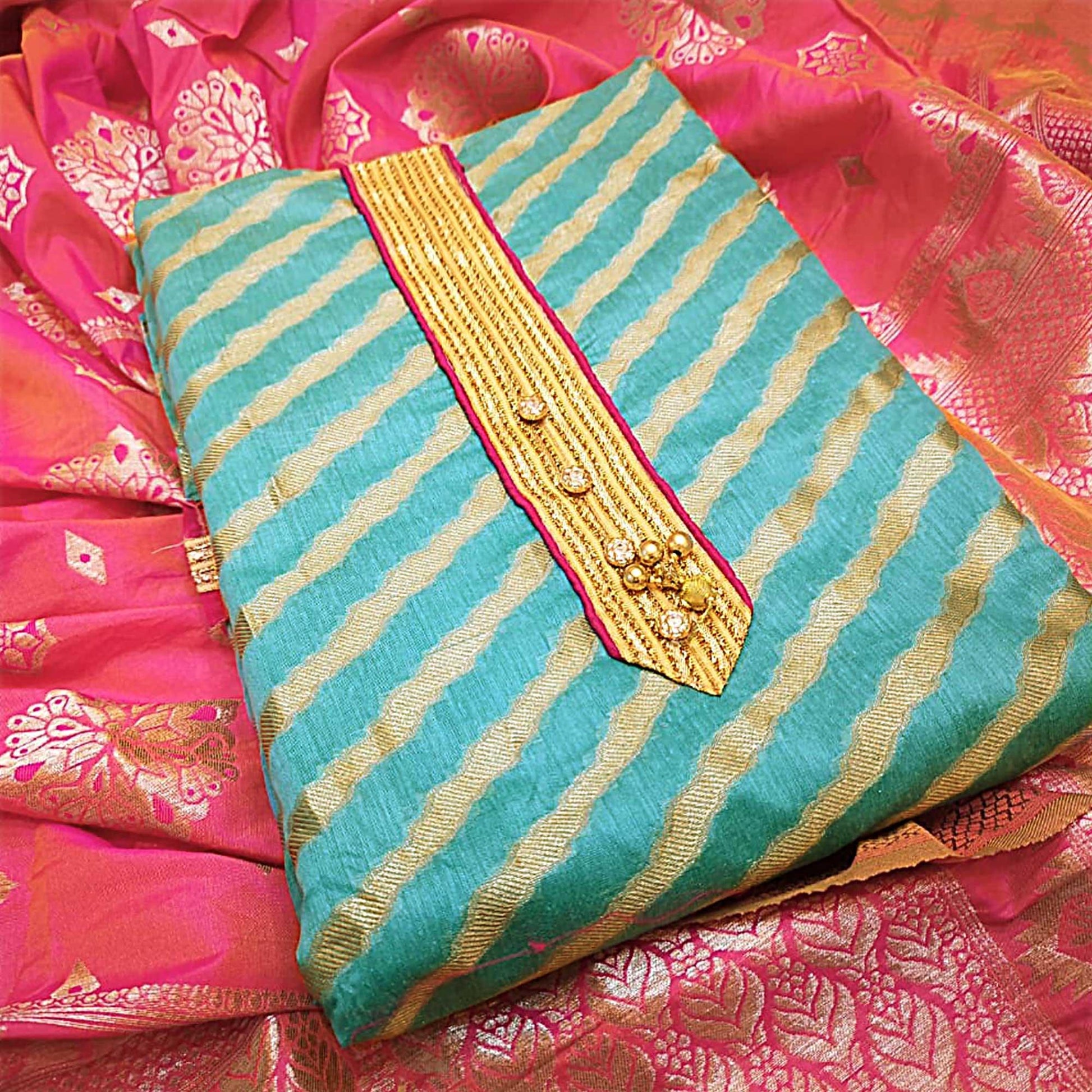 glowing-aqua-blue-colored-partywear-jacquard-silk-dress-material