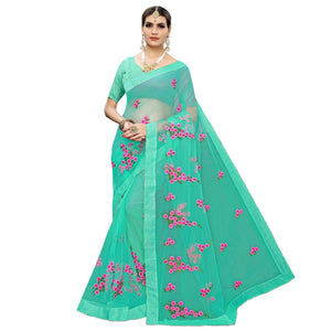 glowing-turquoise-green-colored-party-wear-embroidered-net-saree-46432