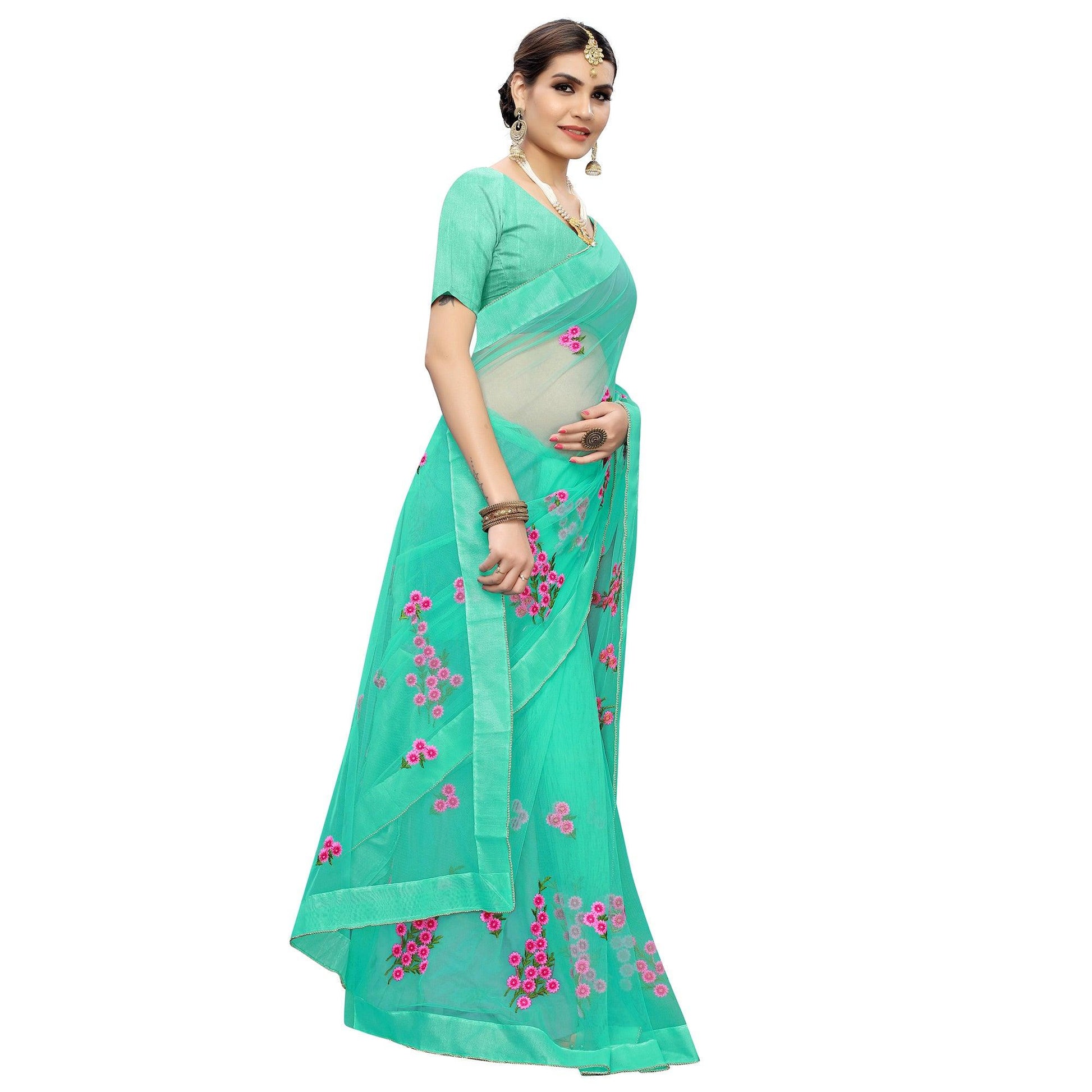 glowing-turquoise-green-colored-party-wear-embroidered-net-saree-46432