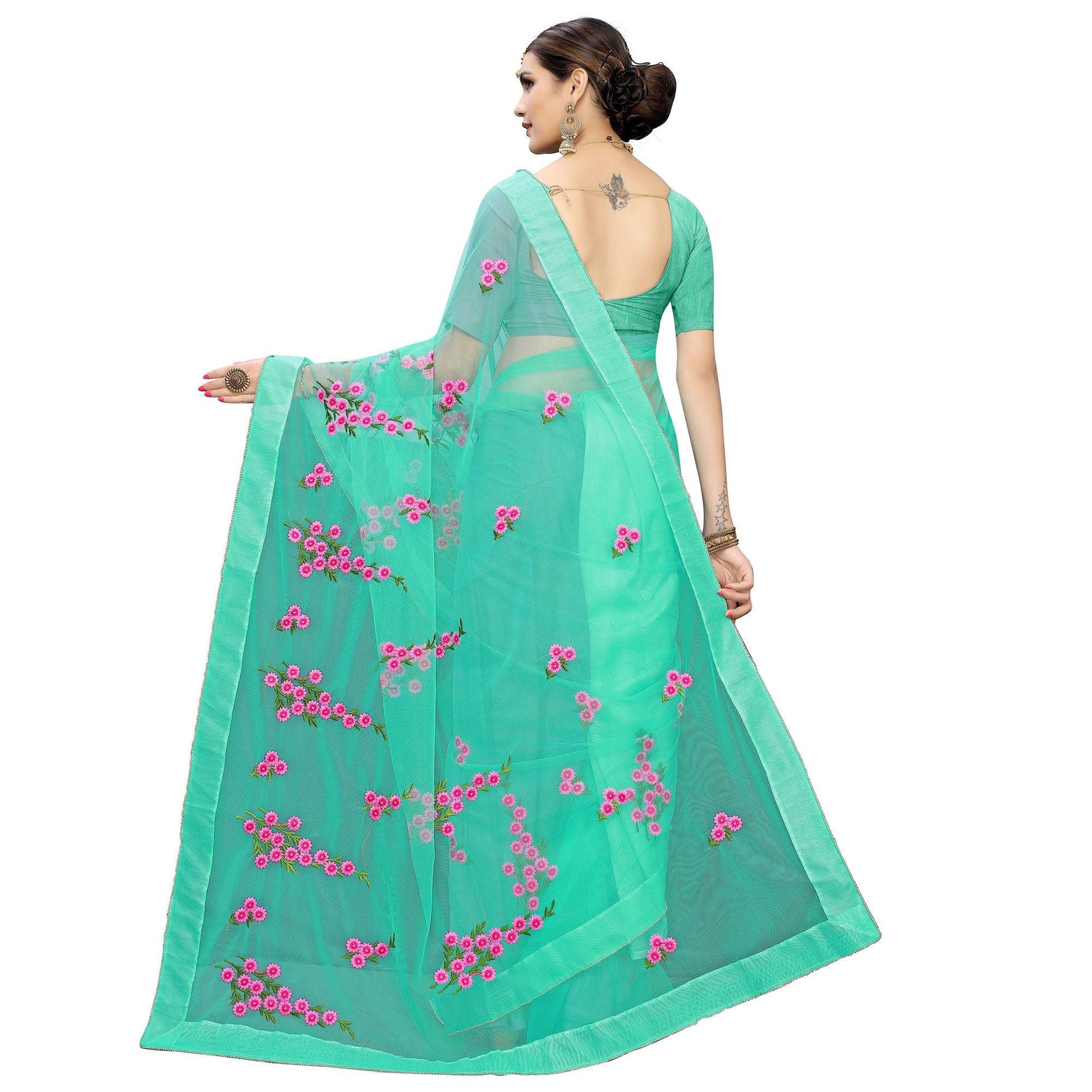glowing-turquoise-green-colored-party-wear-embroidered-net-saree-46432