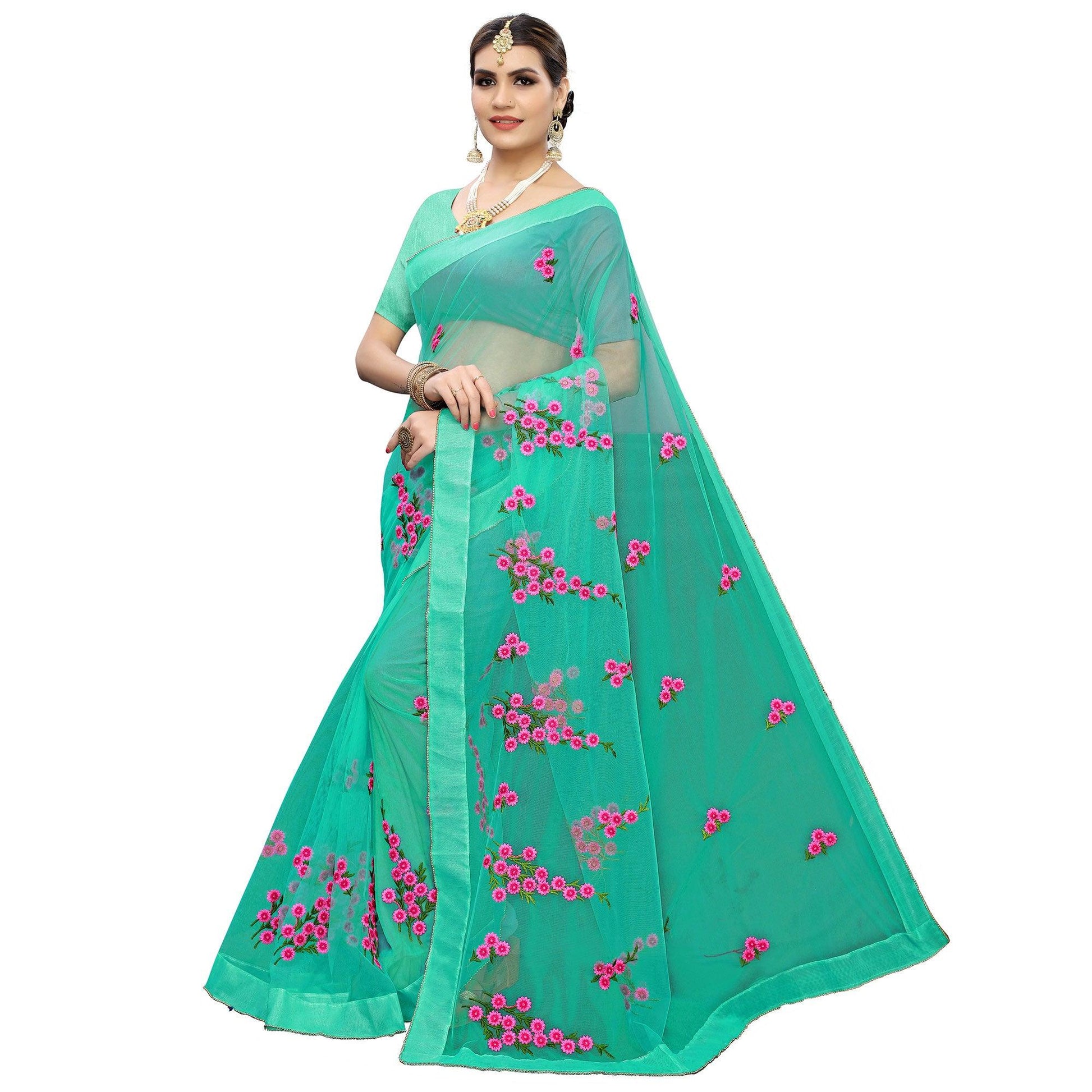 glowing-turquoise-green-colored-party-wear-embroidered-net-saree-46432