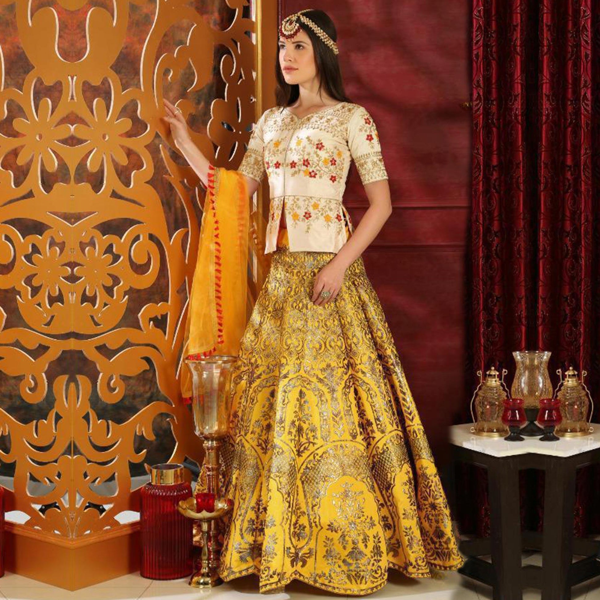glowing-white-yellow-colored-party-wear-foil-print-silk-lehenga-choli-71083