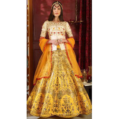 glowing-white-yellow-colored-party-wear-foil-print-silk-lehenga-choli-71083