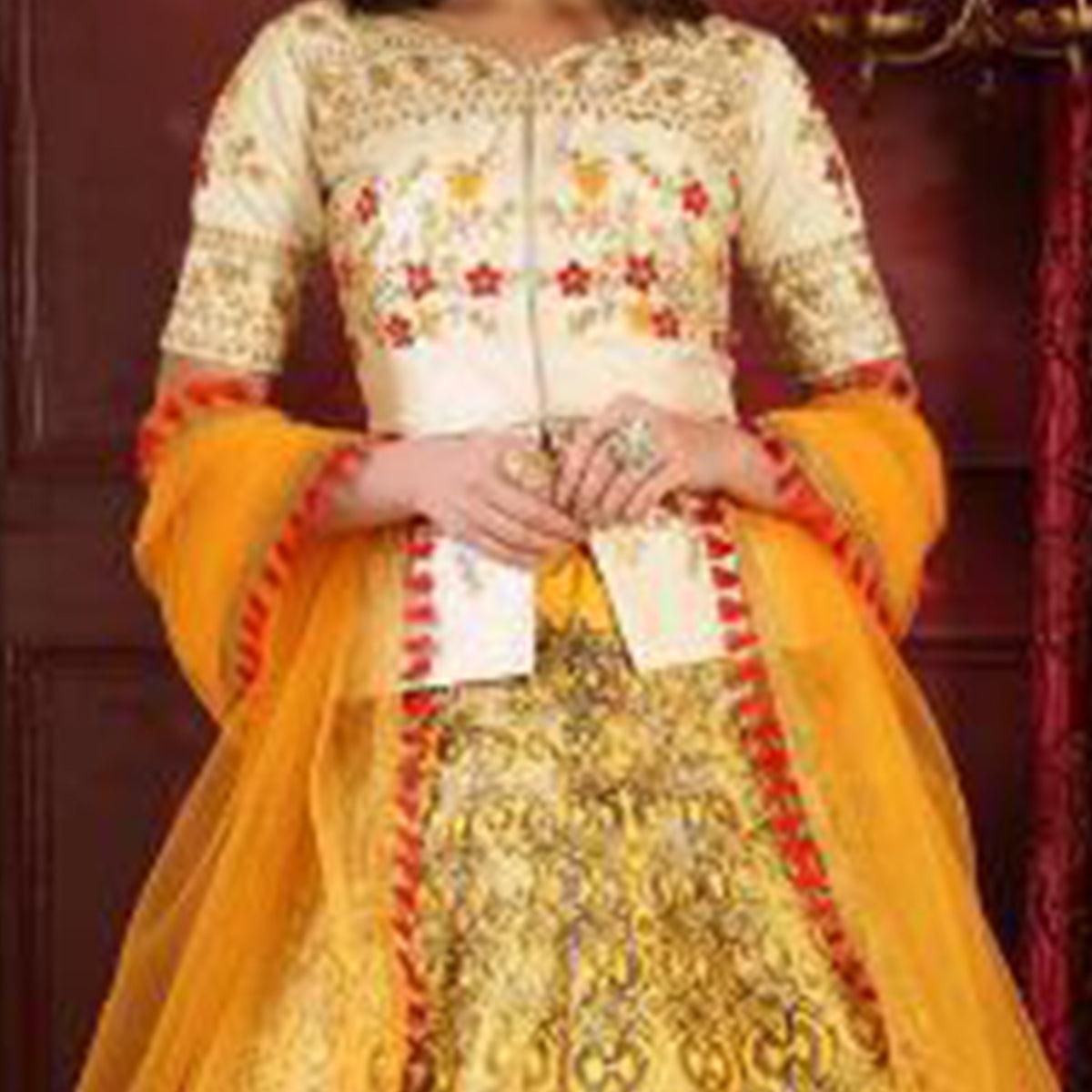 glowing-white-yellow-colored-party-wear-foil-print-silk-lehenga-choli-71083