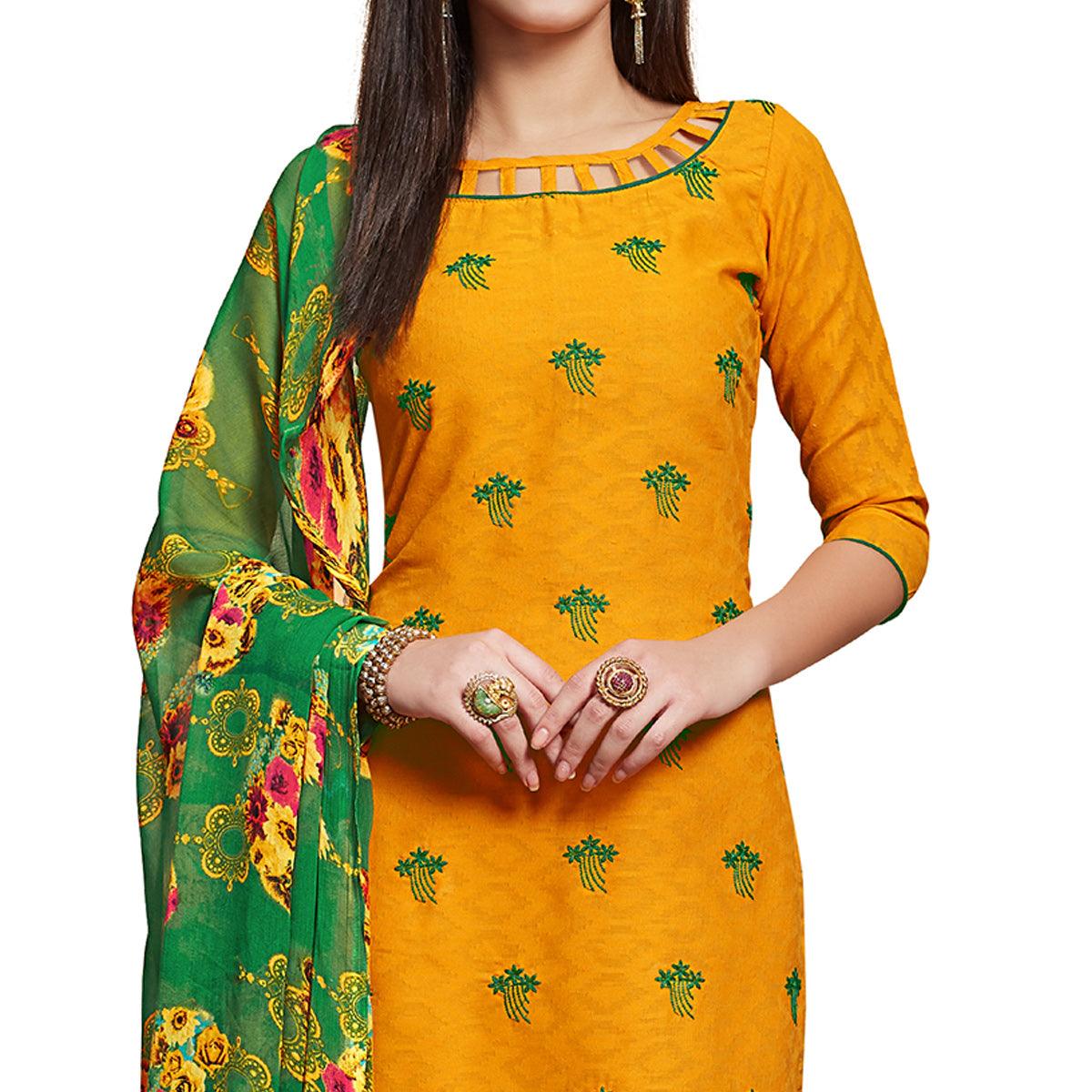 glowing-yellow-colored-partywear-embroidered-jacquard-dress-material