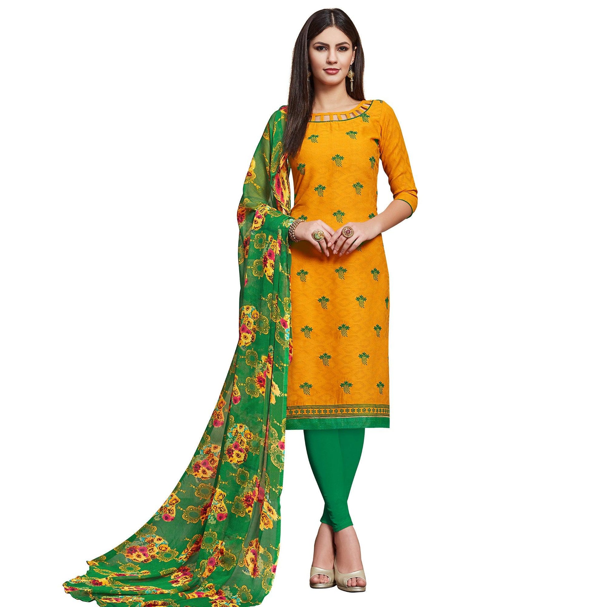 glowing-yellow-colored-partywear-embroidered-jacquard-dress-material