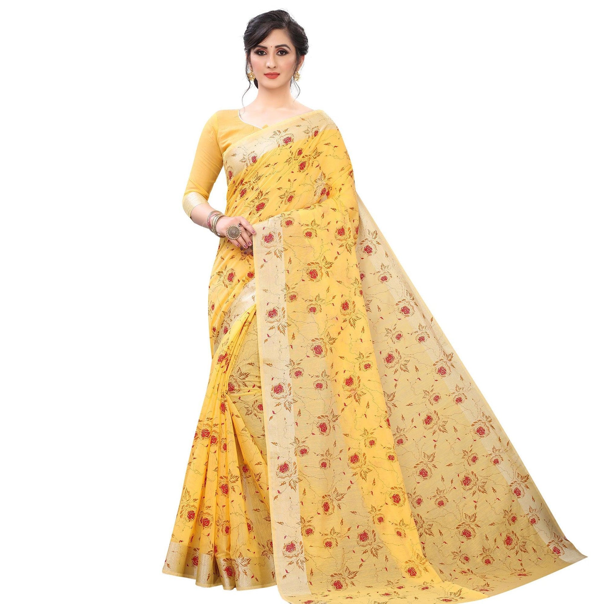 glowing-yellow-colored-casual-wear-printed-cotton-linen-saree-79807
