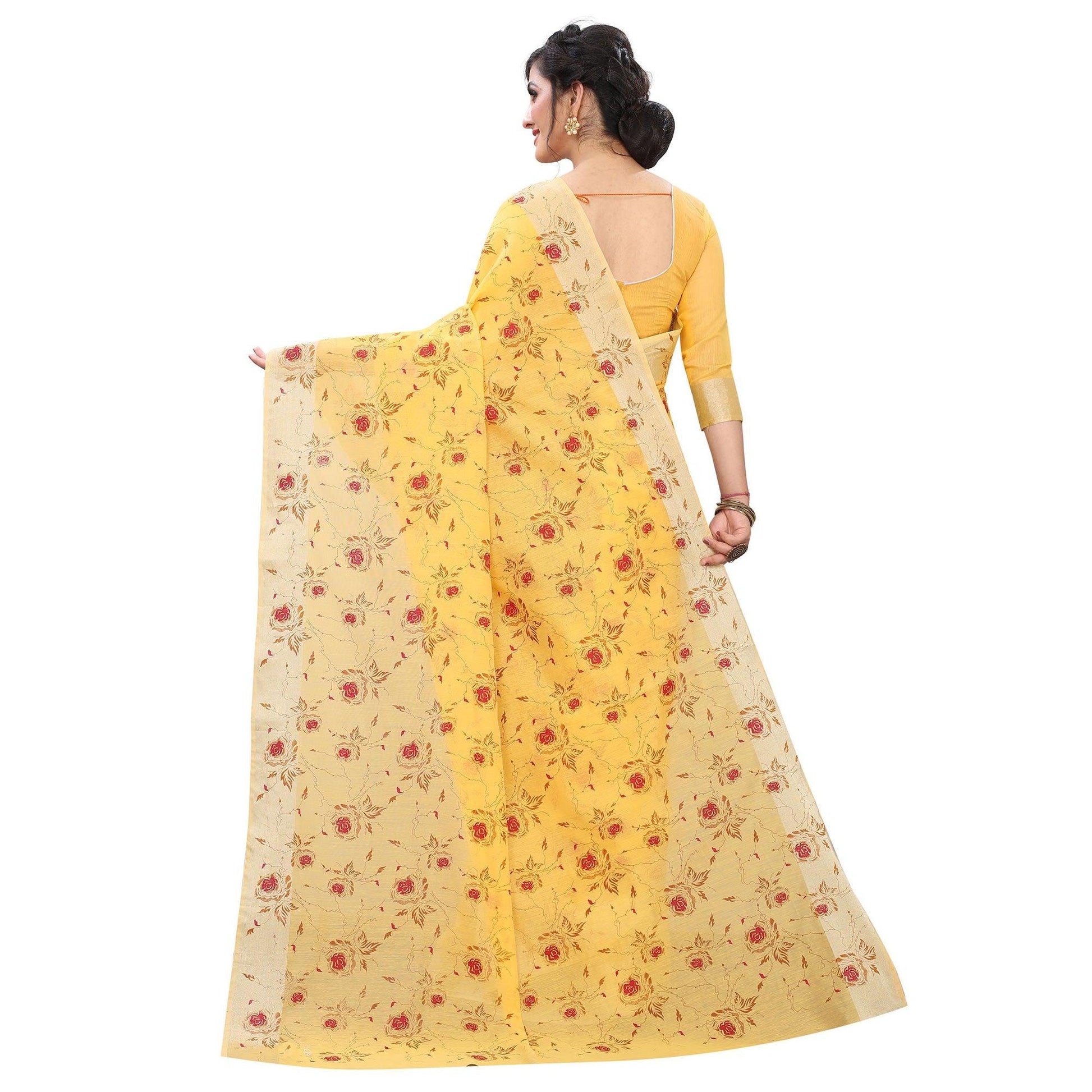 glowing-yellow-colored-casual-wear-printed-cotton-linen-saree-79807