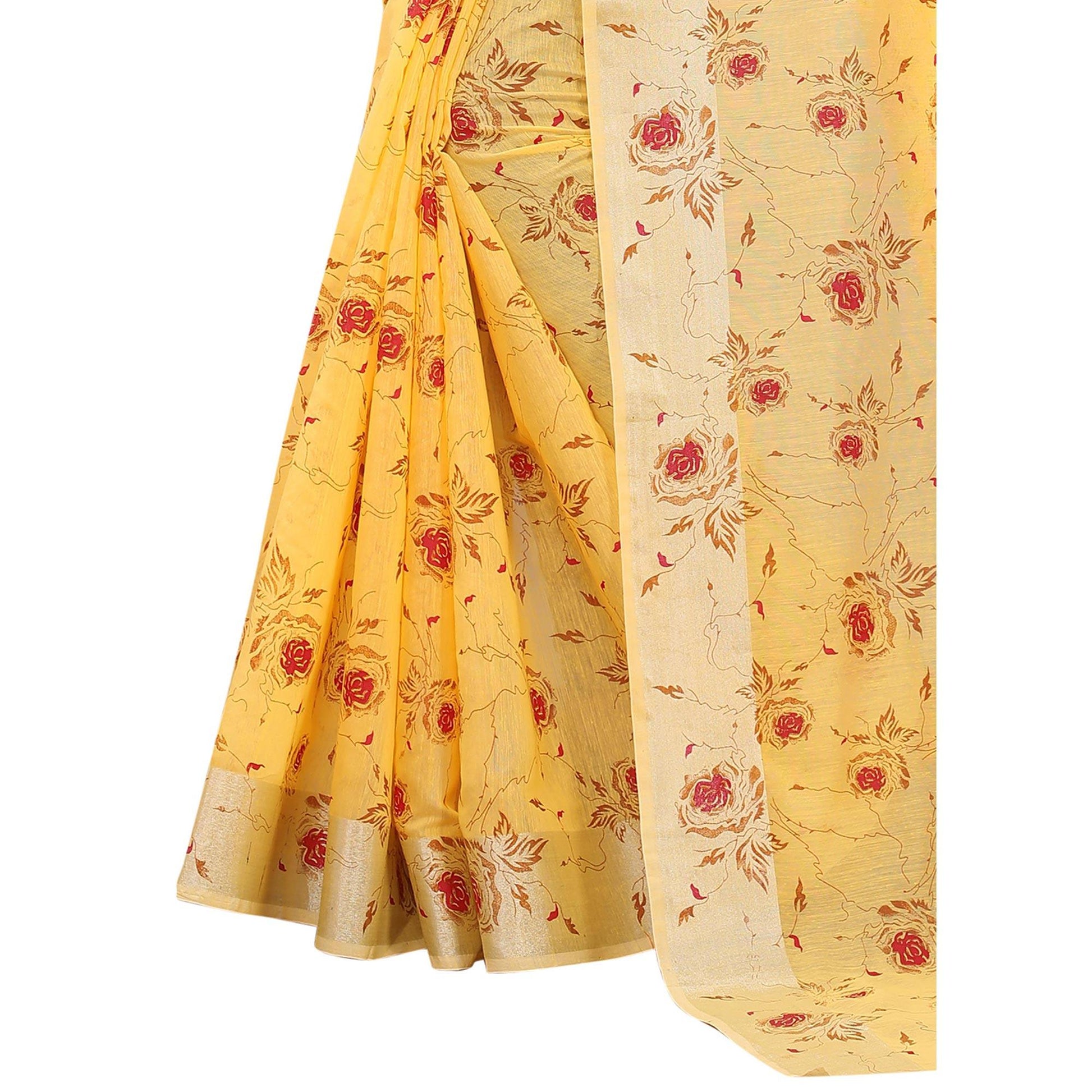 glowing-yellow-colored-casual-wear-printed-cotton-linen-saree-79807