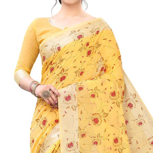 glowing-yellow-colored-casual-wear-printed-cotton-linen-saree-79807