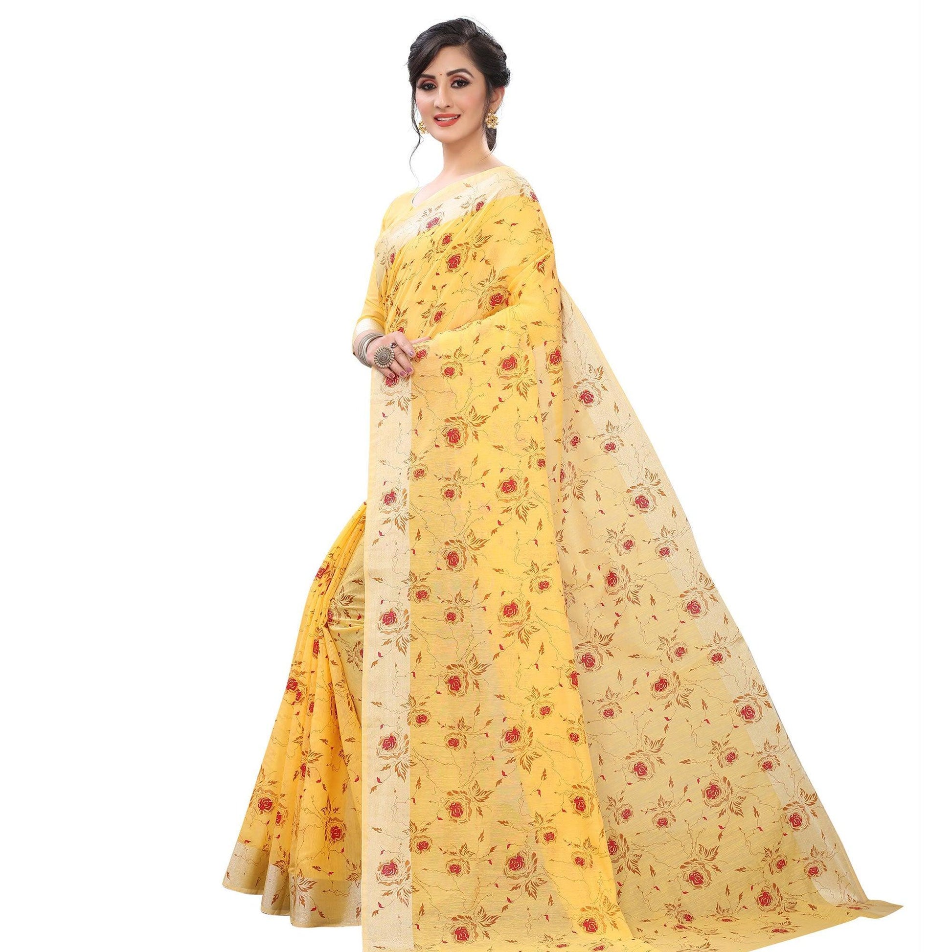 glowing-yellow-colored-casual-wear-printed-cotton-linen-saree-79807