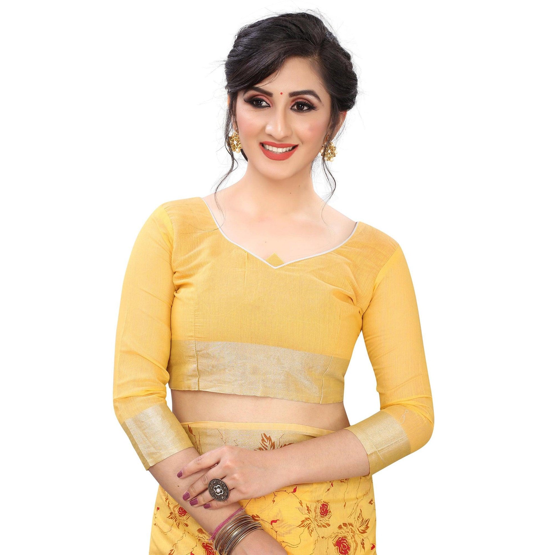 glowing-yellow-colored-casual-wear-printed-cotton-linen-saree-79807