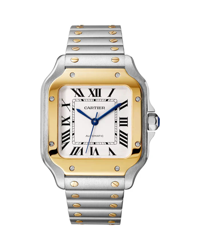 Cartier 'SANTOS DE CARTIER, MEDIUM, AUTOMATIC, YELLOW GOLD AND STEEL, INTERCHANGEABLE METAL AND LEATHER BRACELETS'