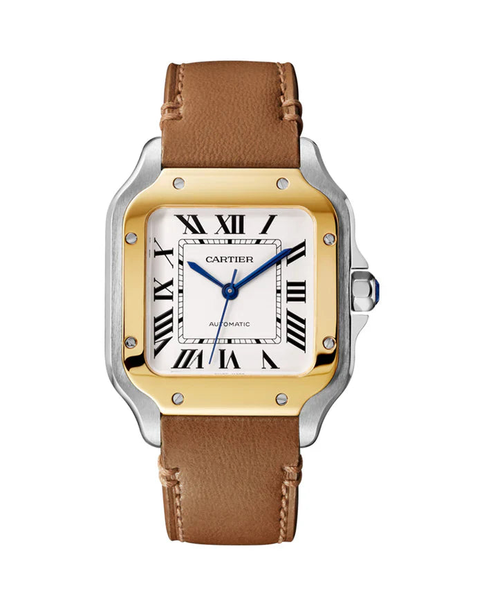 Cartier 'SANTOS DE CARTIER, MEDIUM, AUTOMATIC, YELLOW GOLD AND STEEL, INTERCHANGEABLE METAL AND LEATHER BRACELETS'