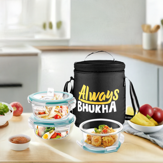 "Always Bhukha" - Glass Tiffin with Printed Jacket (Milton)