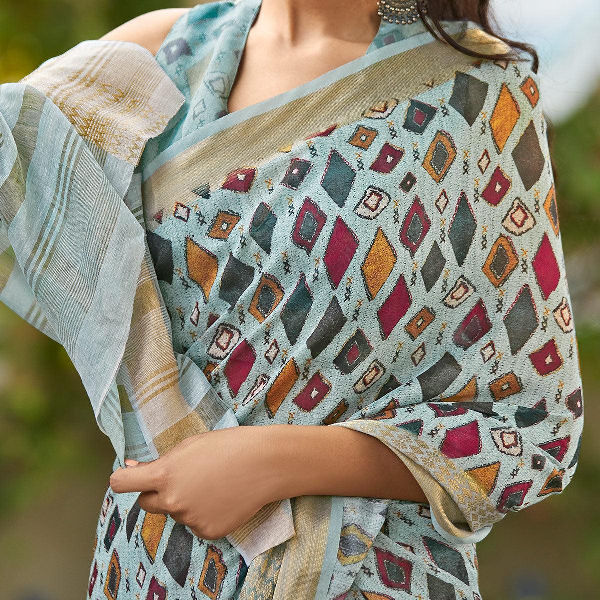 graceful-blue-colored-party-wear-digital-printed-linen-saree-77239