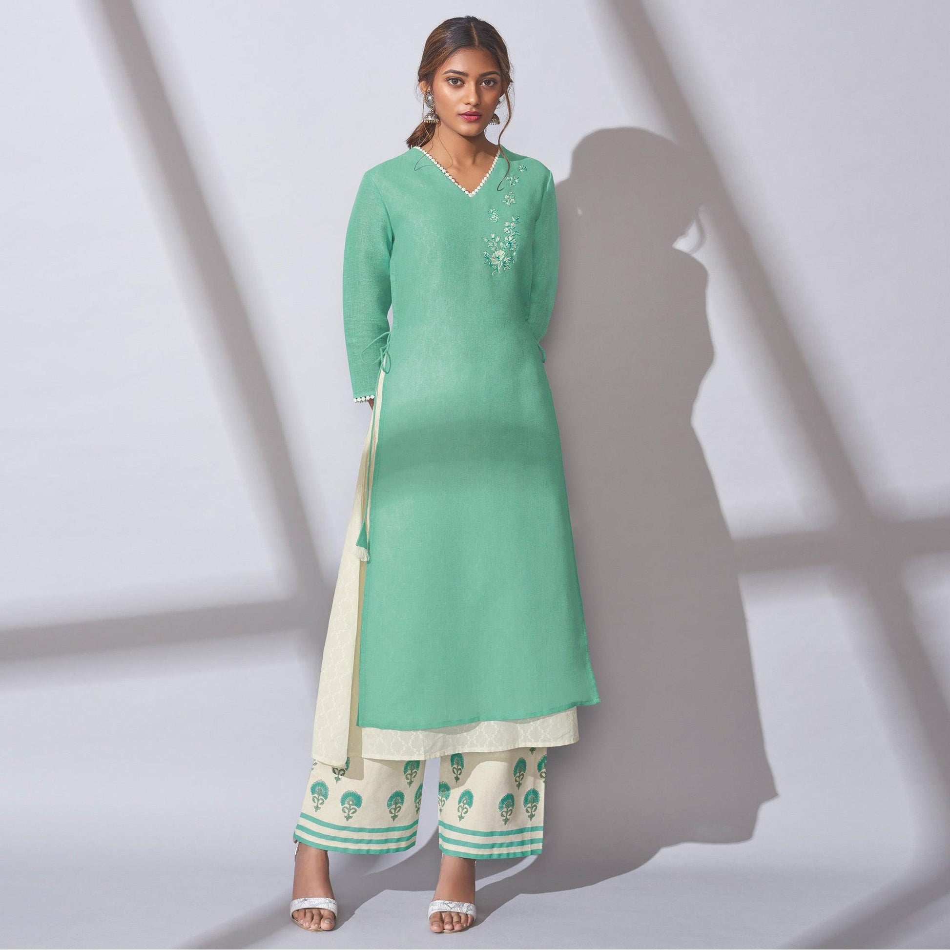 graceful-blue-colored-party-wear-embroidered-khadi-cotton-kurti-palazzo-set-97497