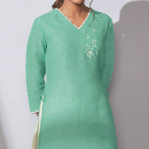 graceful-blue-colored-party-wear-embroidered-khadi-cotton-kurti-palazzo-set-97497