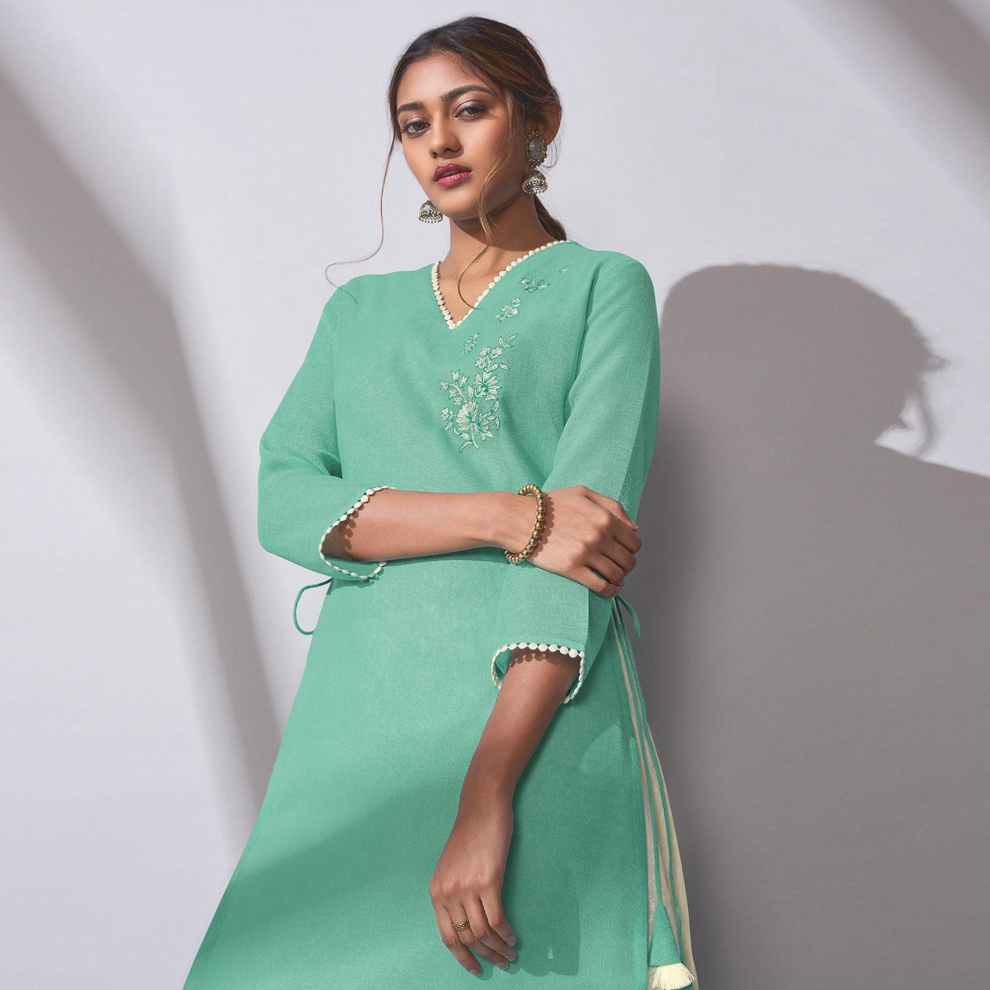 graceful-blue-colored-party-wear-embroidered-khadi-cotton-kurti-palazzo-set-97497