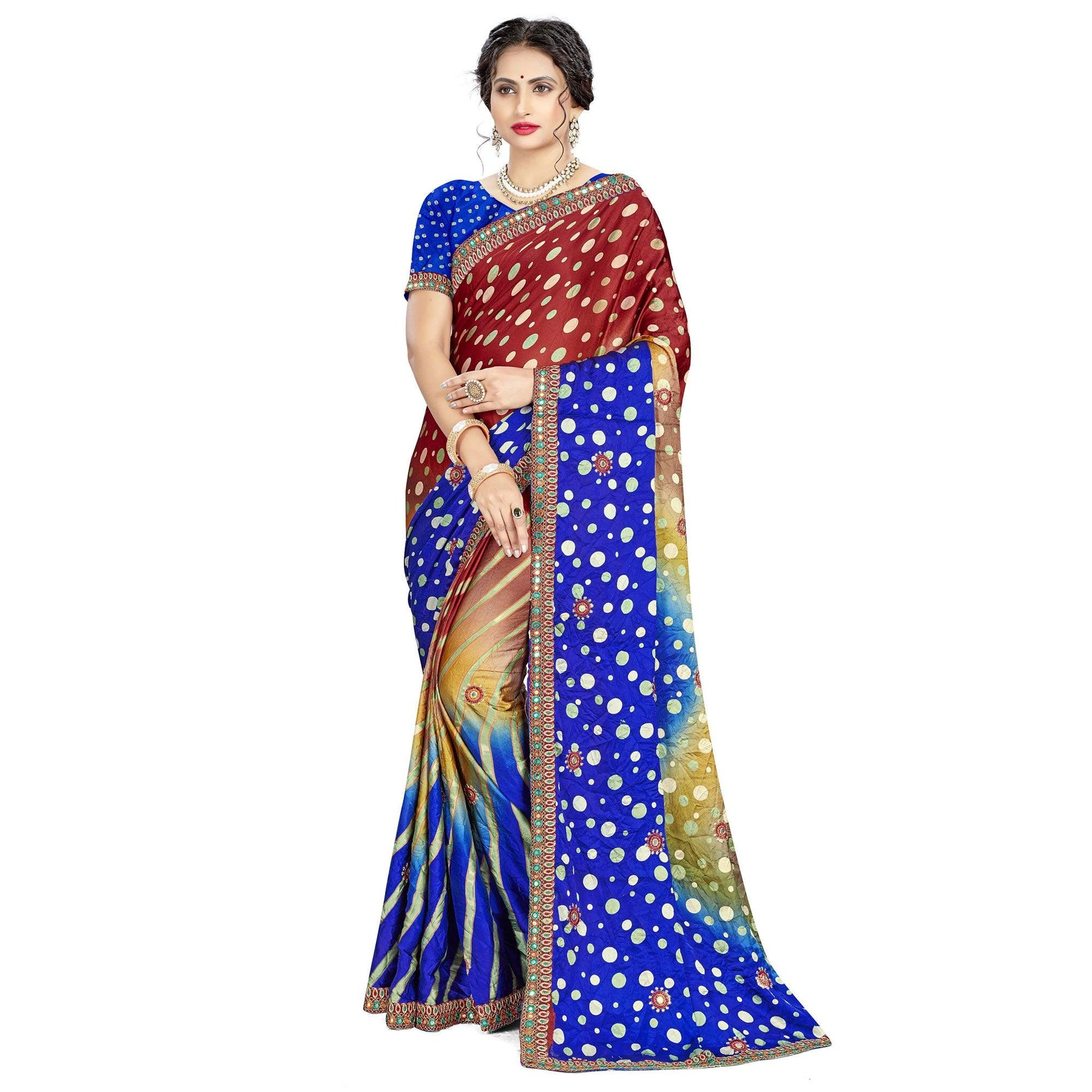 graceful-brown-blue-colored-casual-wear-printed-satin-silk-saree-80582