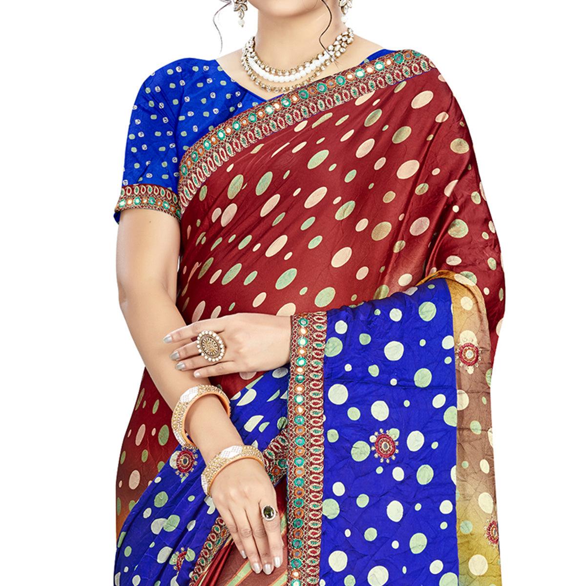graceful-brown-blue-colored-casual-wear-printed-satin-silk-saree-80582