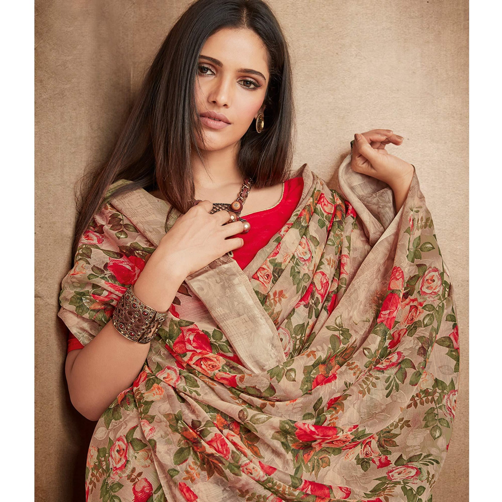 graceful-brown-colored-casual-wear-printed-cotton-silk-saree-43600