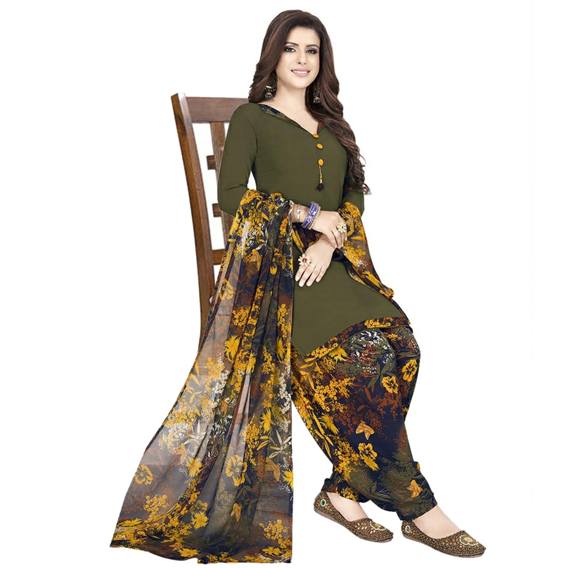 graceful-dark-olive-green-colored-casual-wear-printed-crepe-patiala-dress-material-54357