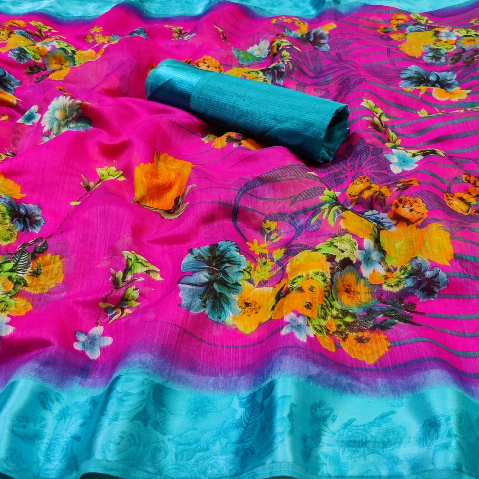 graceful-dark-pink-colored-casual-wear-fancy-printed-linen-saree-97009