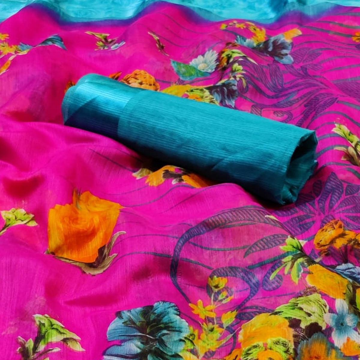 graceful-dark-pink-colored-casual-wear-fancy-printed-linen-saree-97009